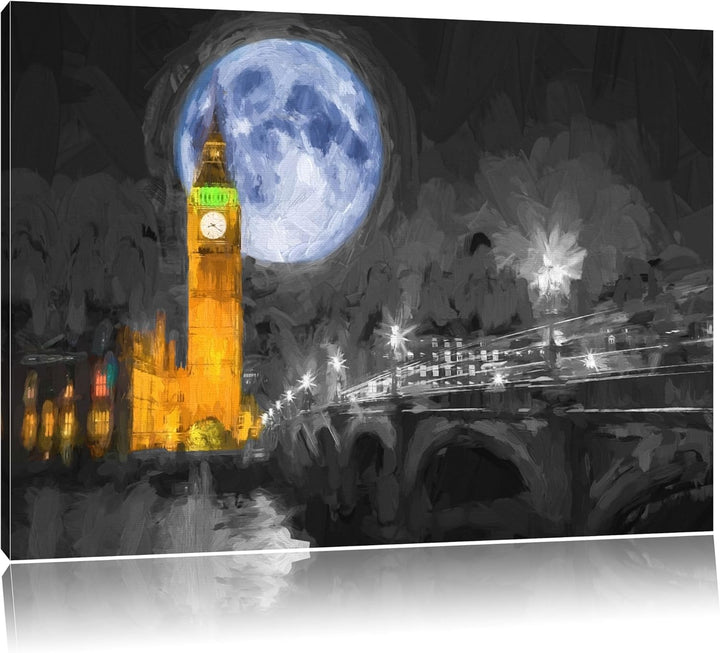 schöner Mond hinter der Big Ben in London Format: 120x80 auf Leinwand, XXL riesige Bilder fertig ger