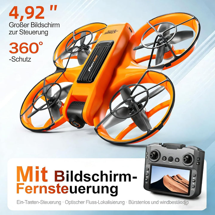 Drohne mit 4,9-Zoll-Bildschirm-Fernbedienung, HD-Dual-Kamera, bürstenlosem Motor, 360° Flips, optisc