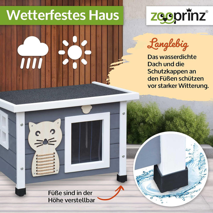 zooprinz Premium Holz Katzenhaus – Katzenkiste mit Dach zum Öffnen, Fenster und Schwingtür – Sisalba