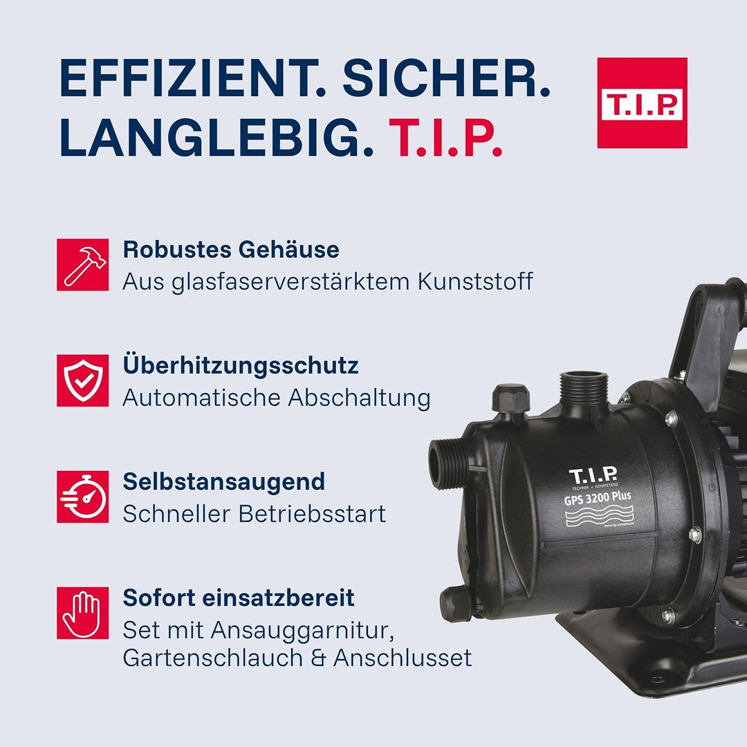 T.I.P. Gartenpumpe mit Bewässerungsset (3.200 l/h Fördermenge, 42 m Förderhöhe, 4,2 bar Druck, GFK,