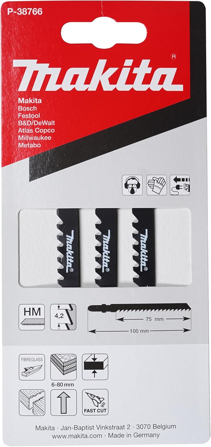 Makita P-38766 Stichsägeblatt HM75 3 Stück, Hartmetall-Zahnung, ideal für GFK, Hartholz oder Gasbeto
