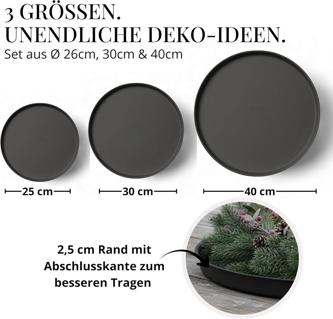 Deko Tablett 3er Set, Serviertablett rund (25 cm, 30 cm, 40 cm), Dekotablett für Adventskranz, Kerze