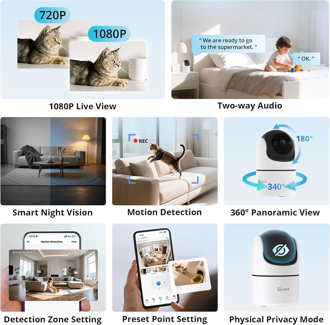 SONOFF Indoor Überwachungskamera 1080P, CAM-PT2 Schwenk-/Neige-WLAN-Kamera mit 360°-Sicht, Bewegungs