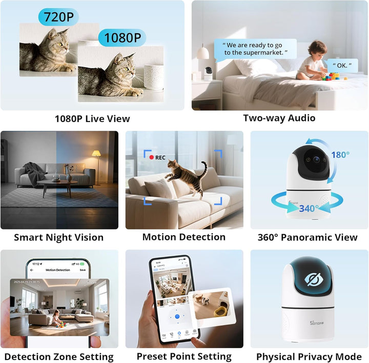 SONOFF Indoor Überwachungskamera 1080P, CAM-PT2 Schwenk-/Neige-WLAN-Kamera mit 360°-Sicht, Bewegungs
