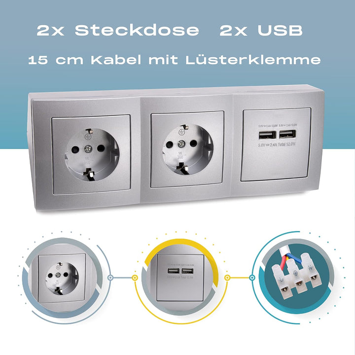 Eck-Steckdose Aufbaumontage, 2-Fach Schuko, 2X USB, 15 cm Anschlusskabel und Lüsterklemme für Küchen