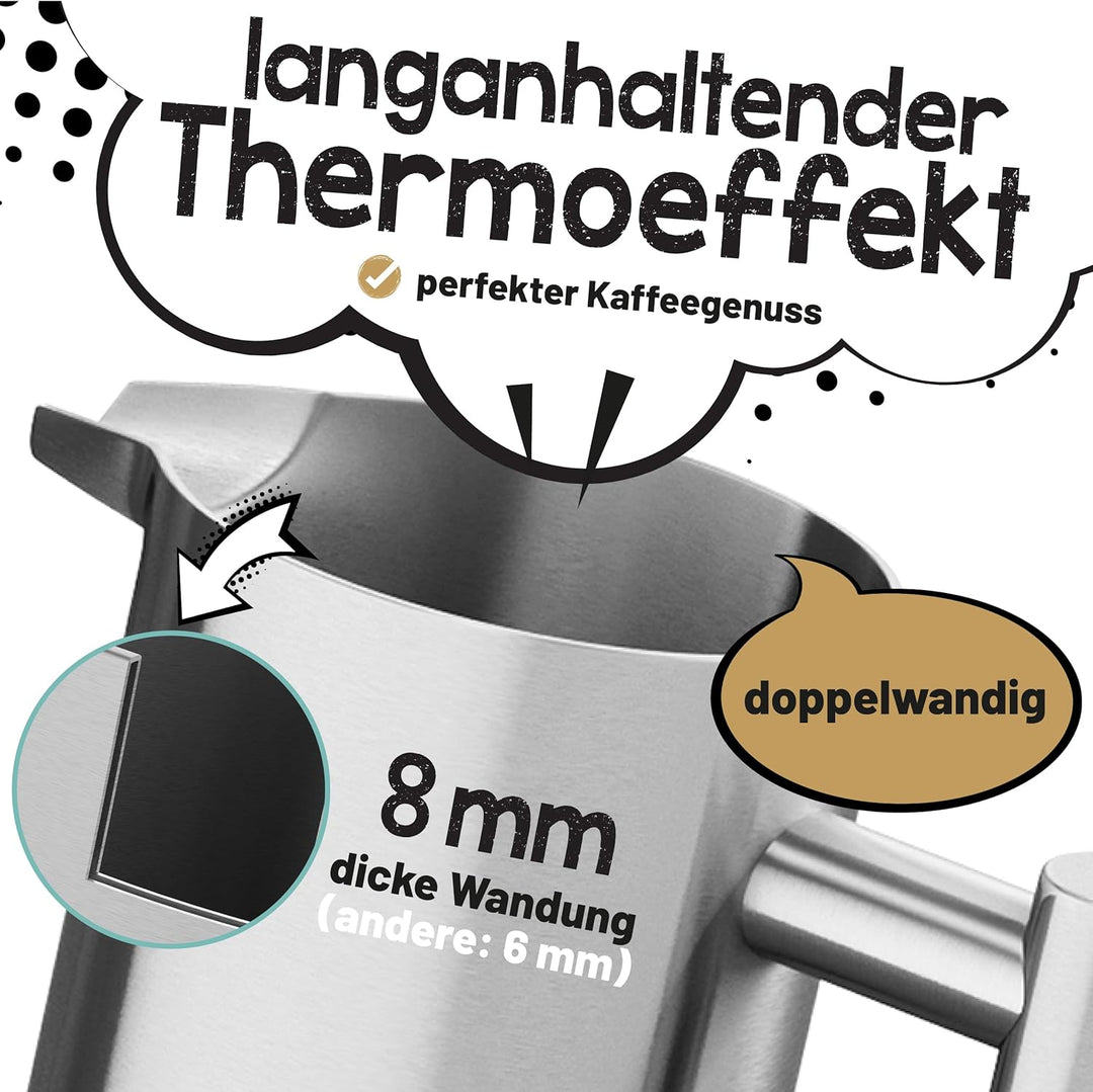 Premium French Press Edelstahl 1000 ml + 3 Ersatzfilter Stempelkanne isoliert Kaffeepresse 1l thermo