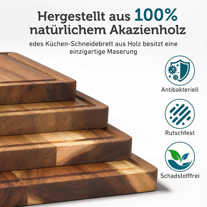 Schneidebrett Holz 4er Set aus massiver Akazie – Holzschneidebrett gross 40x30 cm / 33x24 / 26x18/21
