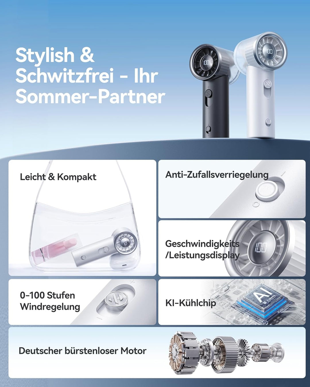 RANVOO 2025 Mini & Leistungsstarker Turbo 100 Geschwindigkeiten Kühlender Handventilator, Wiederaufl