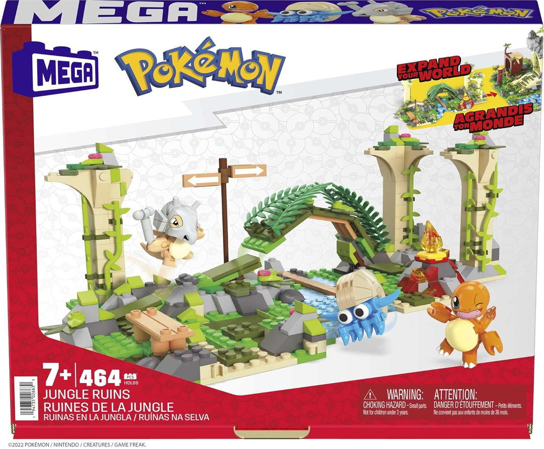 Mega Pokémon Figuren Bauset Dschungel Ruinen, 464 Teile, mit Glumanda, Tragasso und Amonitas-Figuren