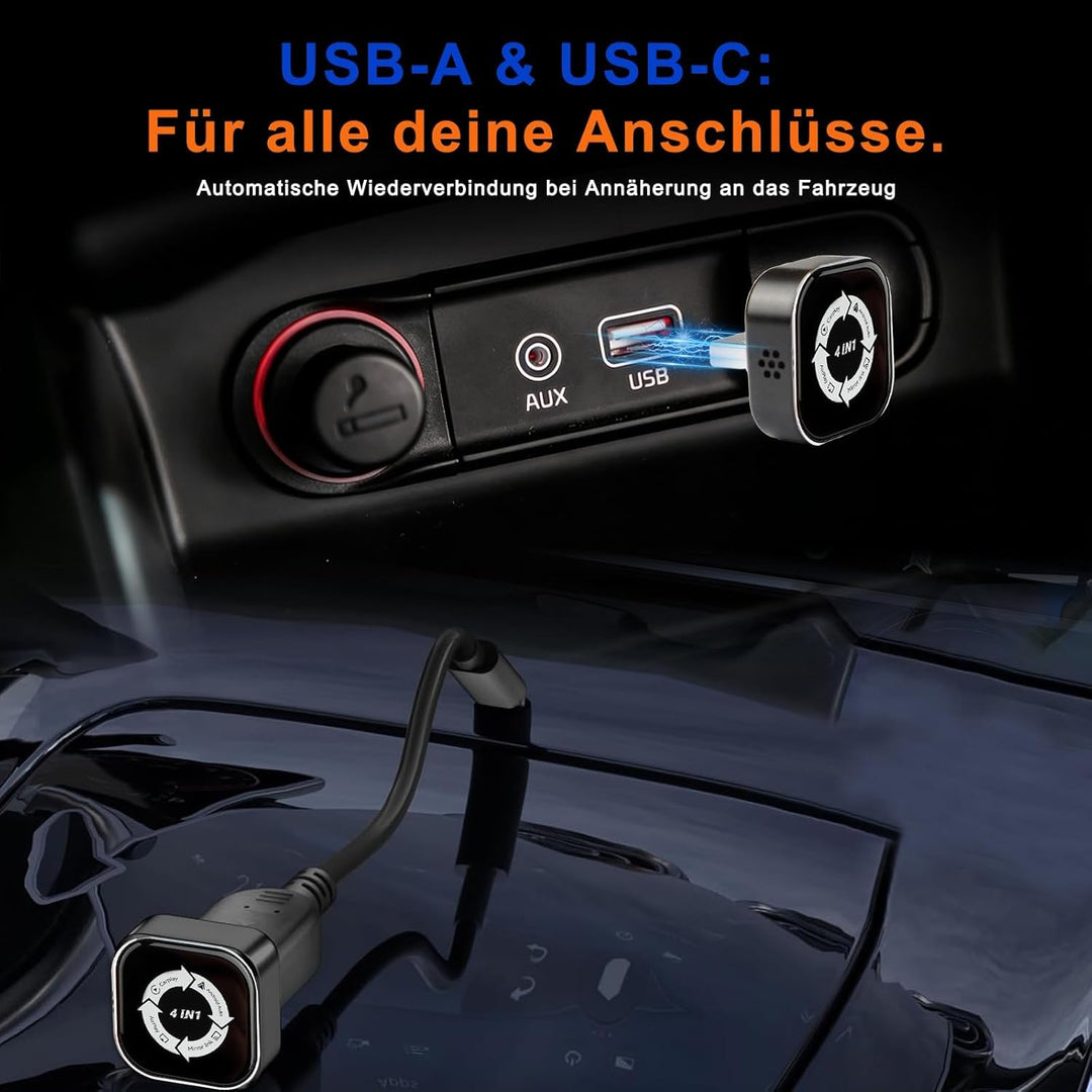 4-in-1 Wireless CarPlay Adapter- Drahtloses CarPlay + AirPlay + Android Auto + MirrorLink | Plug-&-P