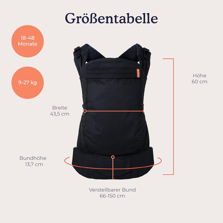 Beco Toddler Babytrage mit extra breitem Sitz - Kindertragerucksack aus 100% Baumwolle, 2 Trageposit