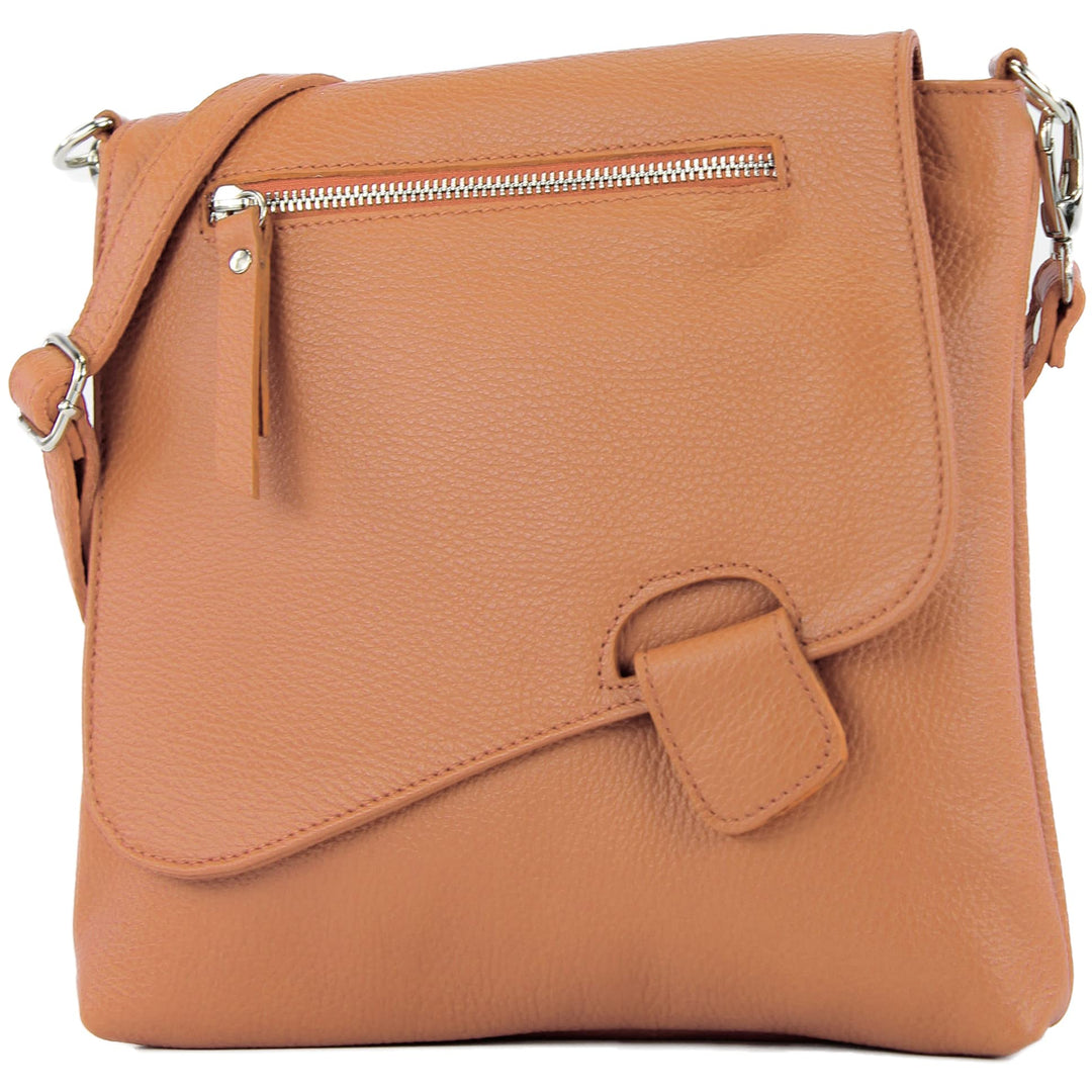 modamoda de - T146 - ital Messengertasche Umhängetasche aus Leder Cognac, Cognac