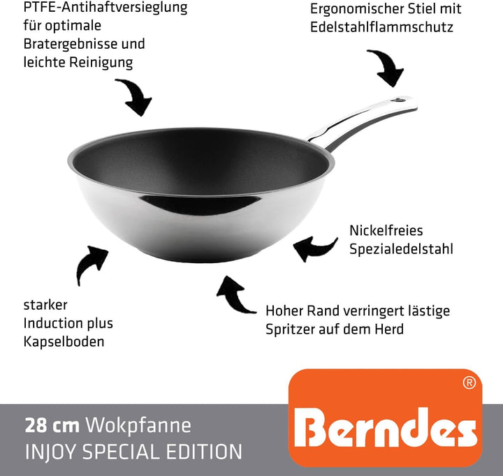 Berndes Stielwok Injoy Special Edition – Wokpfanne aus Edelstahl, Wok für Induktion, beschichtet, 28