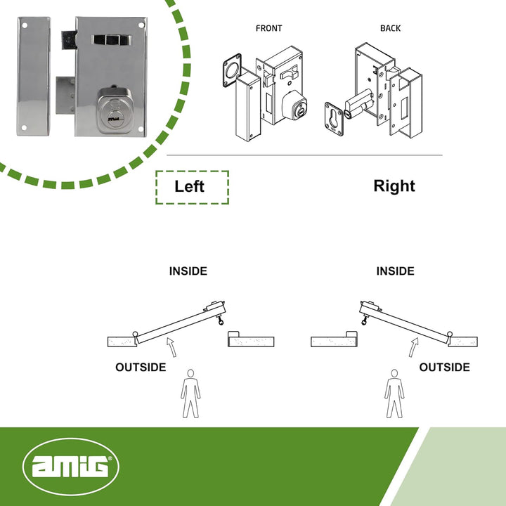 Amig - Aufschraubschloss DIN links mit Schliesshebel, Falle und Ziehgriff für Holztüren Mod. 76-67 x