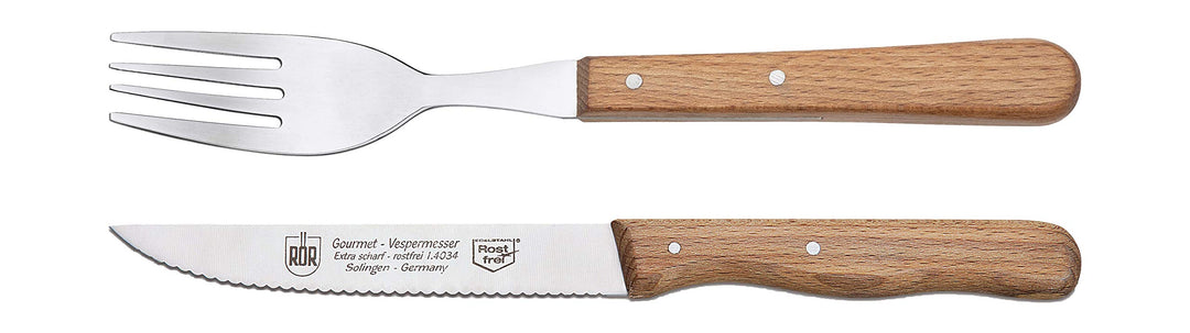 RÖR Besteck Set 2-teilig Vespermesser mit Konvex-Wellenschliff und Gabel - rostfrei mit Buchenholzgr