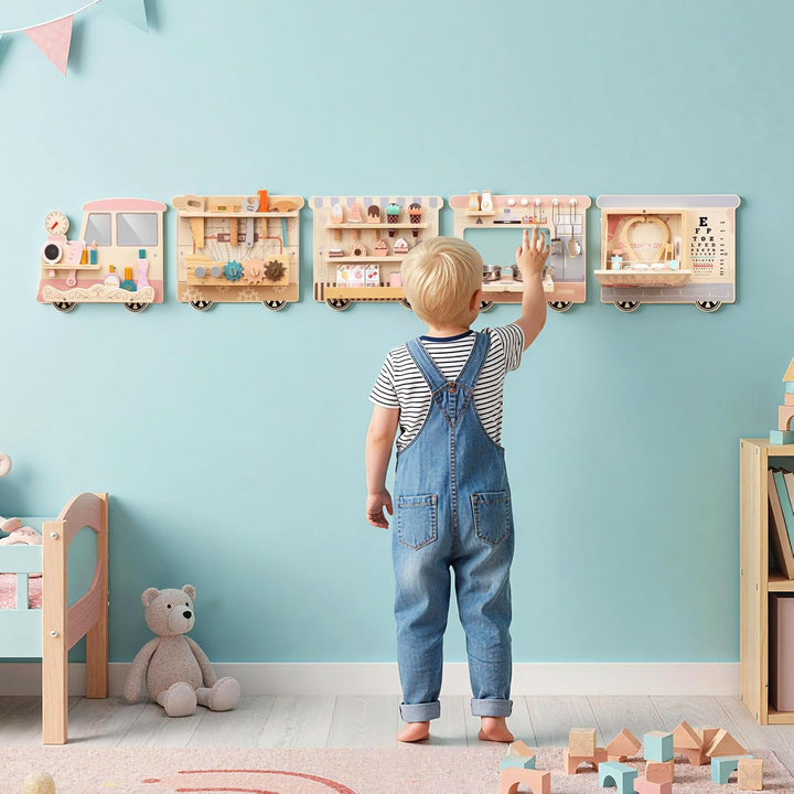 DREAMADE Montessori Busy Board, Motorikbrett aus Holz mit Blöcken & Xylophon & Zahnrädern & Uhr, Mon