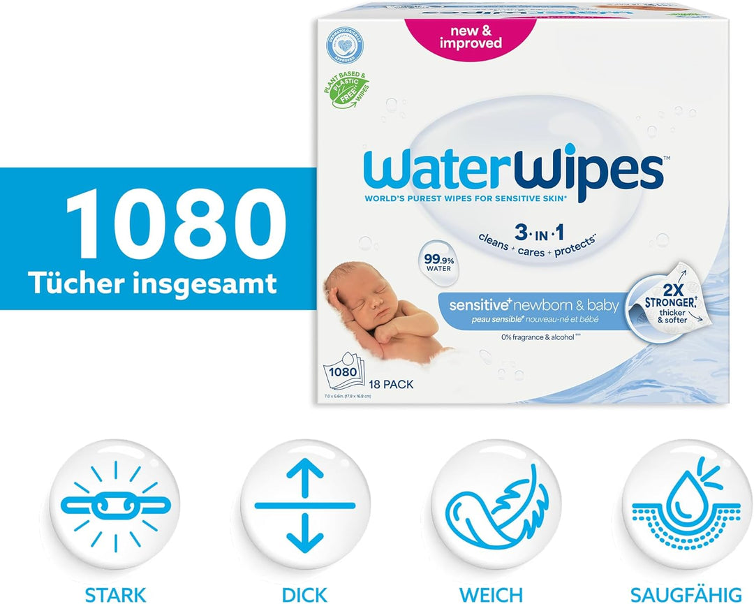 WaterWipes Original plastikfreie Feuchttücher für Babys und Kleinkinder 1080 Stück (18 Packungen), h