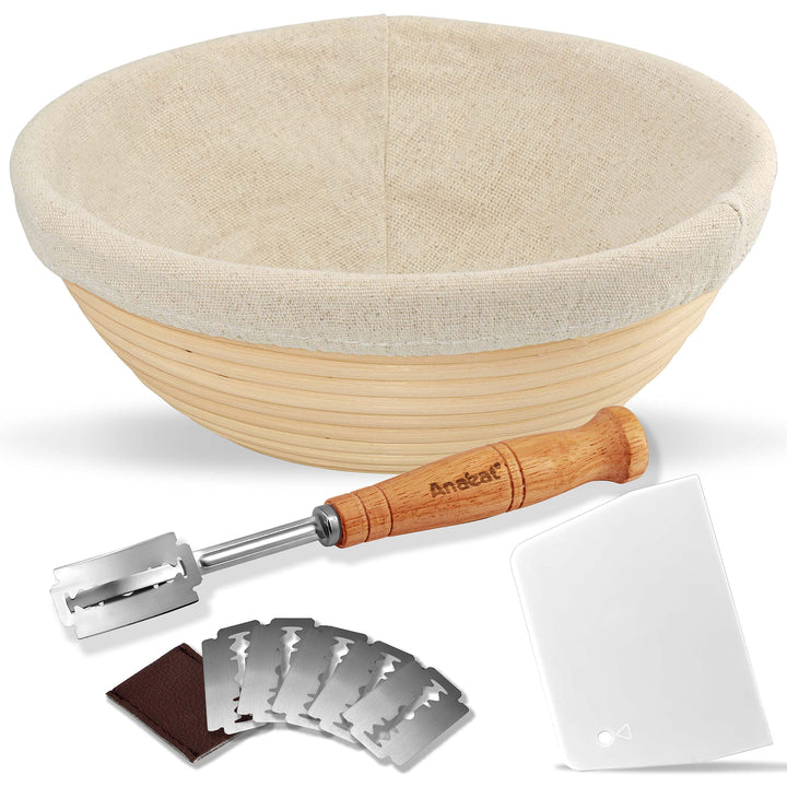 Anaeat 23 cm Brot-Banneton-Gärkorb-Set – runder Sauerteig-Gärkorb aus 100% natürlichem Rattan mit La