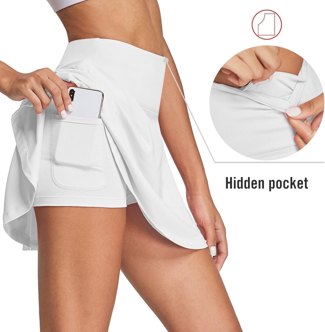 baleaf Rock Damen Rock mit Hose drunter Tennisrock Tasche Skort high Waist, Weiss