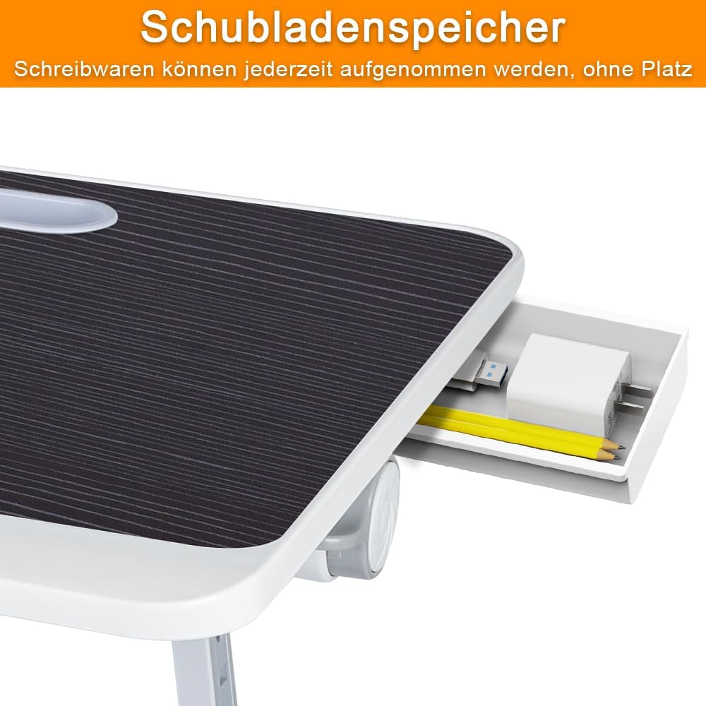 Laptop-Bett mit Beleuchtung, Schublade und zwei Fächern, Betttablett, höhenverstellbar, für Sofa und
