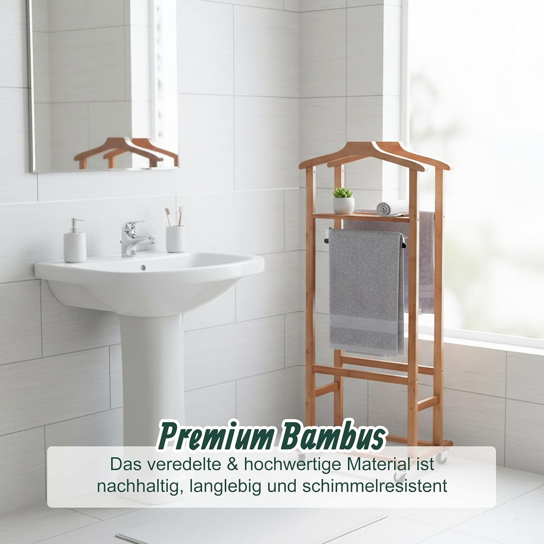 Relaxdays Herrendiener auf Rollen, Stummer Diener, Premium-Bambus, Kleiderablage Schlafzimmer, HBT: