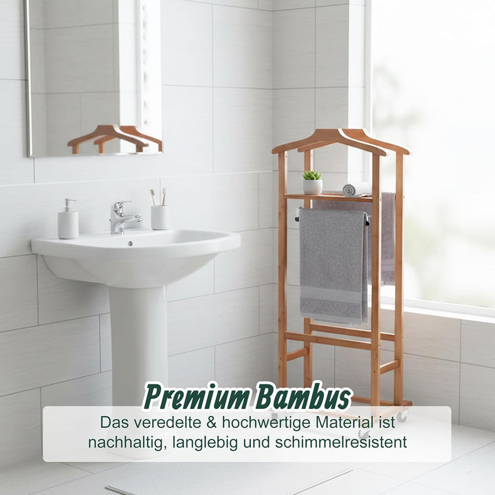 Relaxdays Herrendiener auf Rollen, Stummer Diener, Premium-Bambus, Kleiderablage Schlafzimmer, HBT: