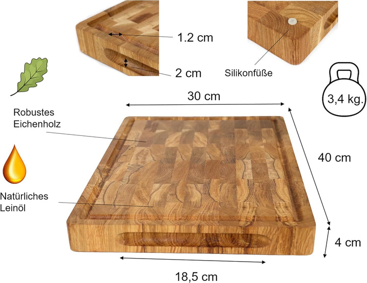 B4K® 40х30х4cm Küchenbrett aus Eiche Stirnholz | Antibakterielles Hirnholzbrett mit Griffen, Silikon