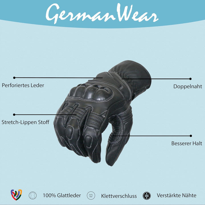 German Wear Motorradhandschuhe Motorrad Biker Lederhandschuhe Schwarz (7=s), 7=s