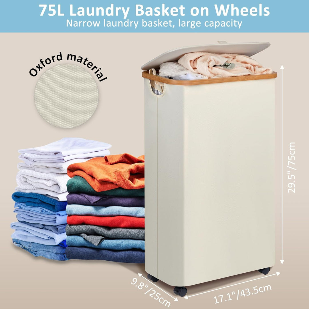 efluky Wäschekorb mit Rollen, 75L Faltbarer Wäschekorb mit Deckel, Beige Schlanker Wäschebehälter mi