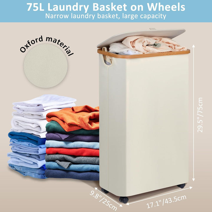 efluky Wäschekorb mit Rollen, 75L Faltbarer Wäschekorb mit Deckel, Beige Schlanker Wäschebehälter mi