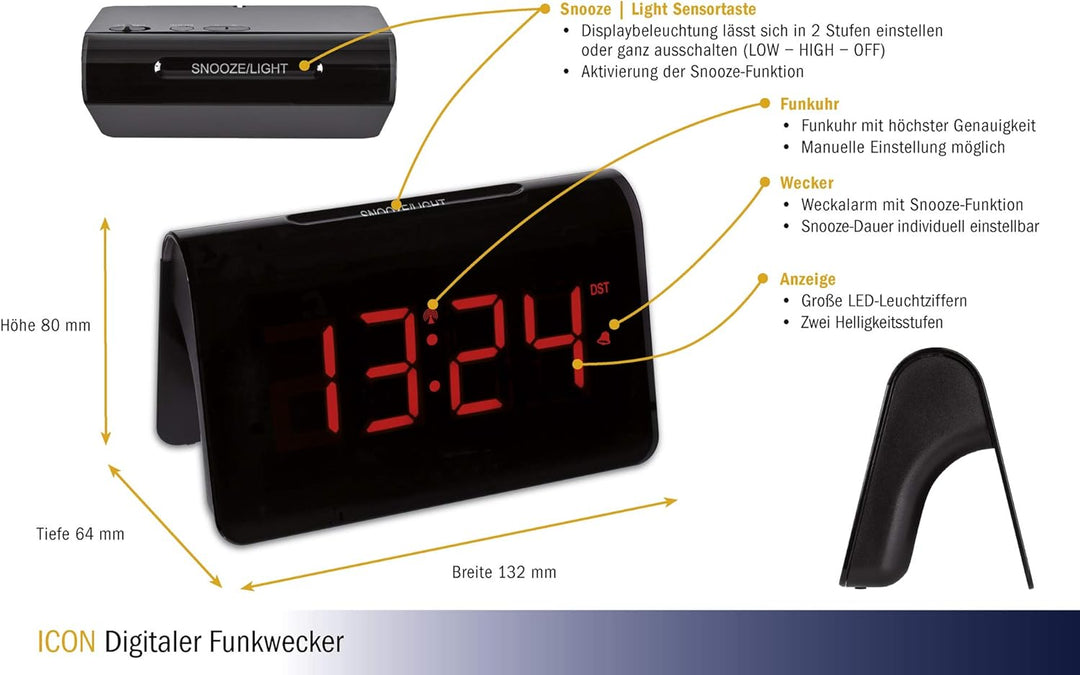 TFA Dostmann ICON Digitaler Funk-Wecker, 60.2543.05, Weckalarm mit individueller Snooze-Dauer, 2 Hel