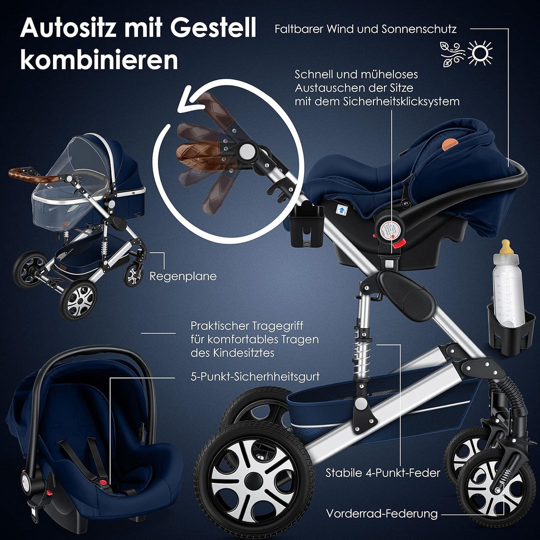 KESSER® Loops 3 in 1 Kinderwagen Kombikinderwagen Komplett-Set inkl. Babywanne & Buggy Sportsitz & A