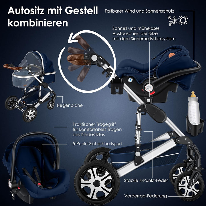 KESSER® Loops 3 in 1 Kinderwagen Kombikinderwagen Komplett-Set inkl. Babywanne & Buggy Sportsitz & A