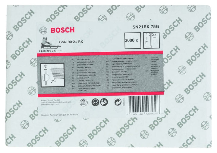 Bosch 3000x PRO SN21FH, Streifennagel, 21° Vollkopf (Länge 75 mm,) 75 mm Glatt / Verzinkt, 75 mm Gla