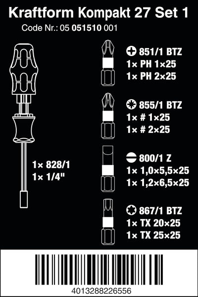 Wera - 05051510001 - Schraubendreher mit Bit Magazin, Kraftform Kompakt 27 Set 1, 7-teilig KK 27 Set