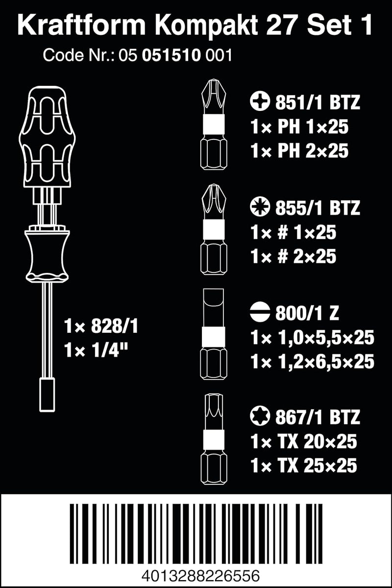 Wera - 05051510001 - Schraubendreher mit Bit Magazin, Kraftform Kompakt 27 Set 1, 7-teilig KK 27 Set