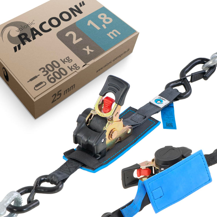 valonic Racoon - 2X 1,8m Automatik Spanngurt mit Haken, gepolstert, 25mm, 300/600Kg, EN-12195-2, mit