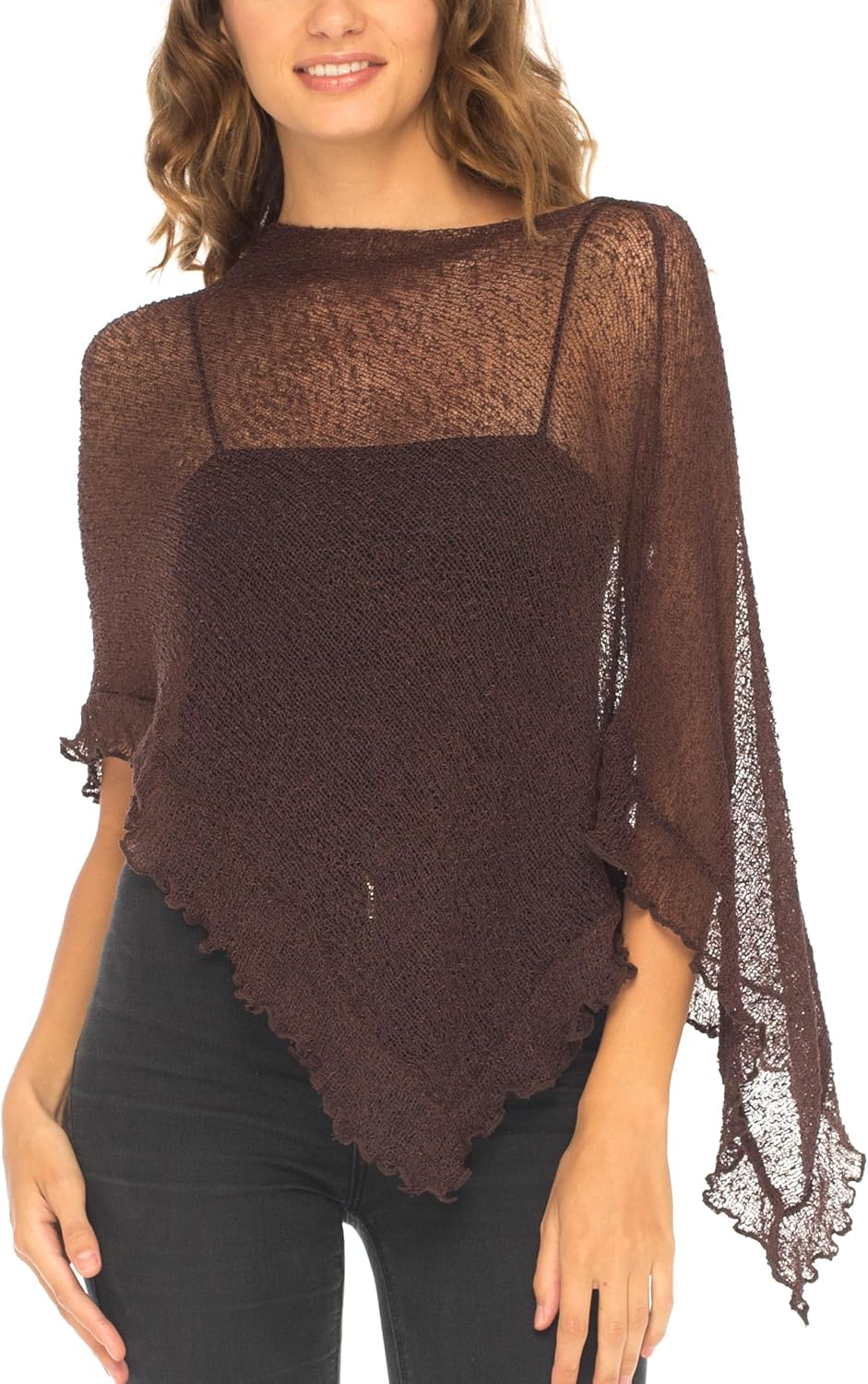 SHU-SHI - Damen Poncho-Top mit Rüschen - transparent - leichtes Strickmaterial Braun, Braun