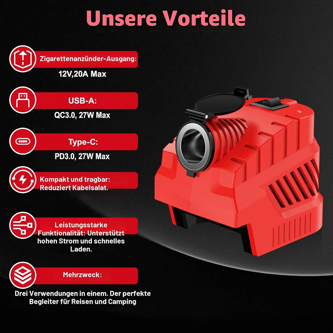 Step Down Konverter für Milwaukee 18V auf 12V | Kfz-Steckdose USB Typ C
