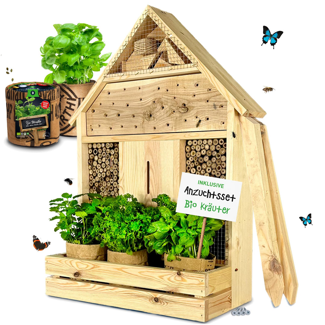 GARTENETAGE Stehendes Insektenhotel XXL mit Pflanzenoase Kräuterparadies - inkl. Anzuchtset/Naturbel