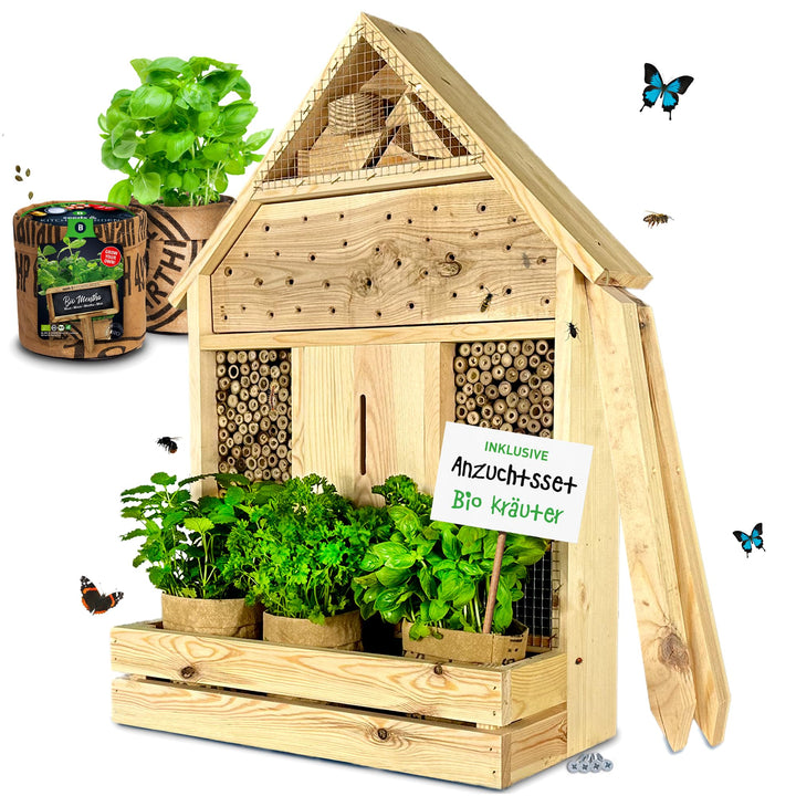 GARTENETAGE Stehendes Insektenhotel XXL mit Pflanzenoase Kräuterparadies - inkl. Anzuchtset/Naturbel