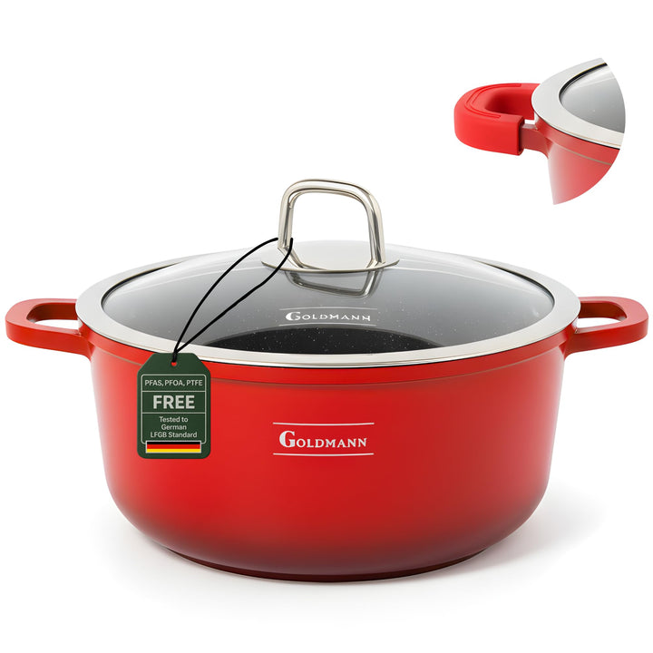 GOLDMANN Premium Gussaluminium Kochtopf 28 CM – 6.5 L – Modern Rot – Keramik-Marmor-Antihaft-Kassero