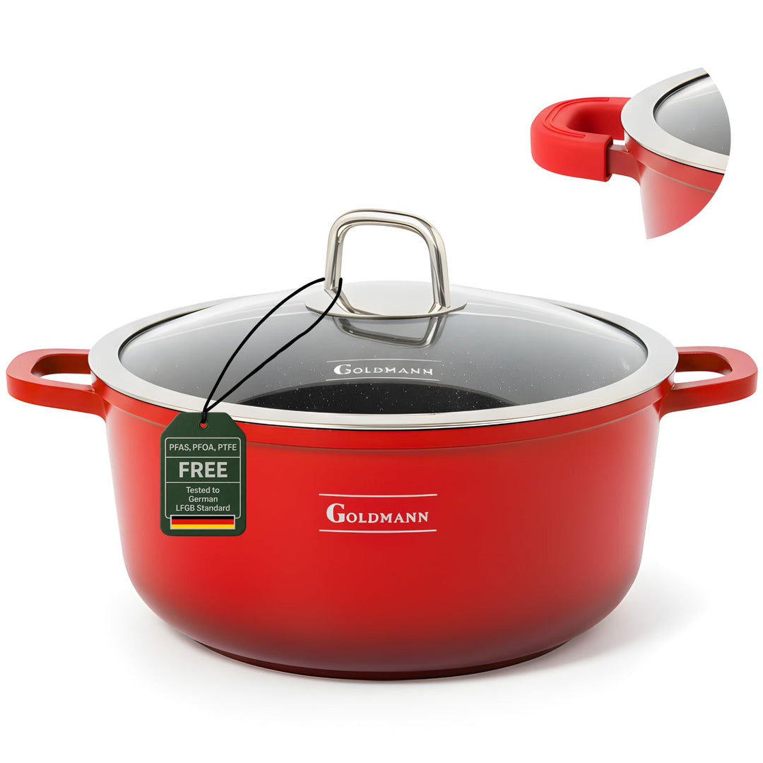 GOLDMANN Premium Gussaluminium Kochtopf 24 CM – 4.5 L – Modern Rot – Keramik-Marmor-Antihaft-Kassero
