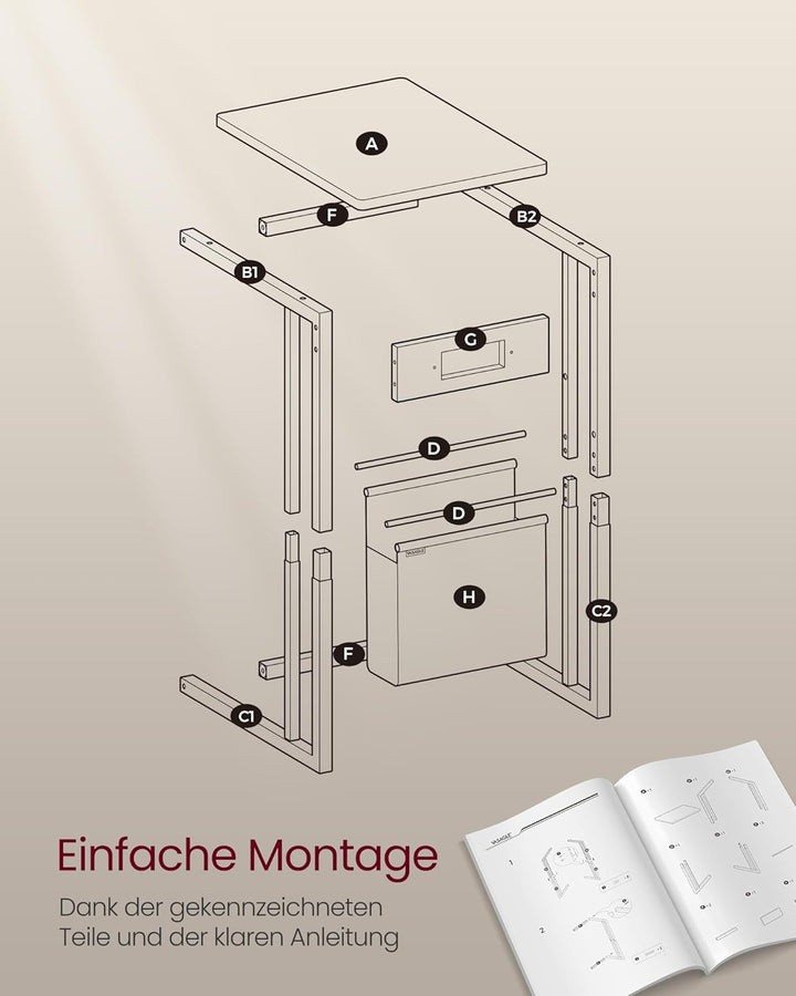 VASAGLE Beistelltisch, Sofatisch mit Ladestation, C Form, Couchtisch klein, Stofftasche, verstellbar