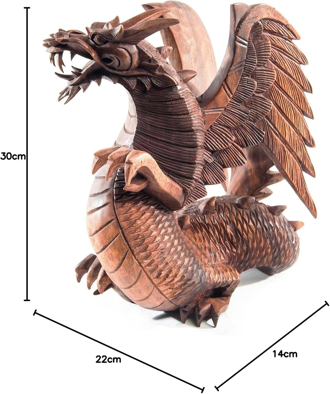 Windalf Handarbeit Holzfigur Drache BRAINN 30 cm Stehender Holz-Drache mit Flügeln Glücksbringer Sch