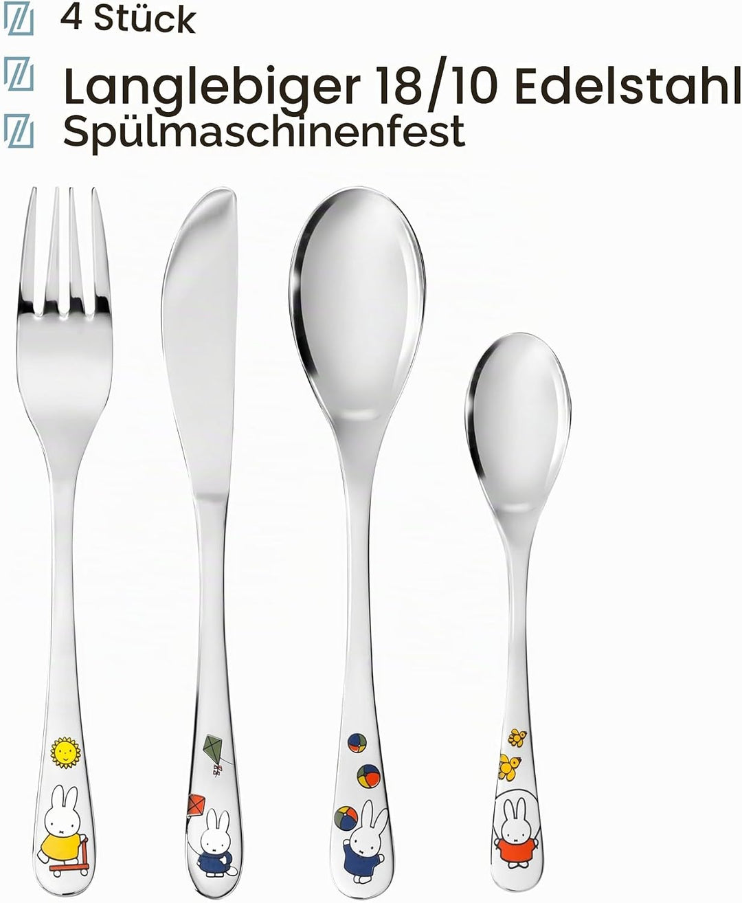 Zilverstad Kinderbesteck Miffy spielt, 4-teilig, Edelstahl, Silberfarben, 21.5 x 15.5 x 2.5 cm
