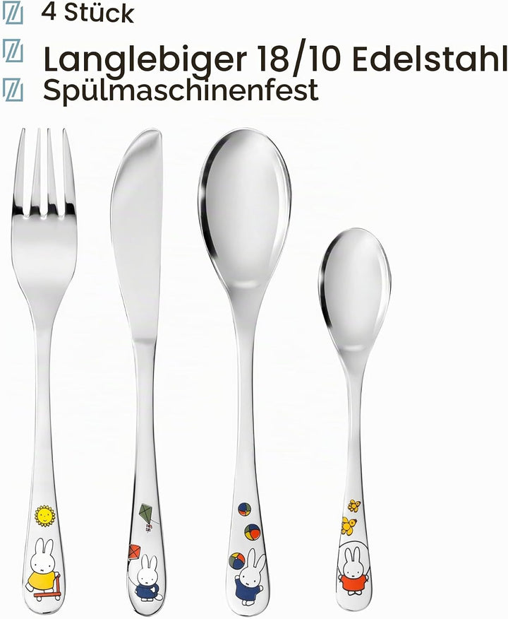 Zilverstad Kinderbesteck Miffy spielt, 4-teilig, Edelstahl, Silberfarben, 21.5 x 15.5 x 2.5 cm