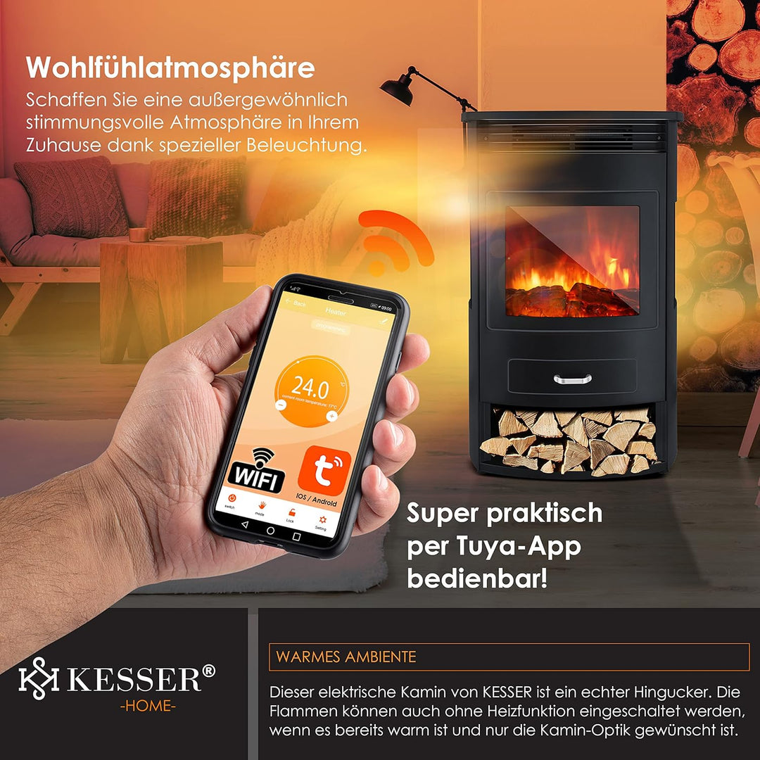 KESSER® Prio Elektrokamin mit Heizung Heizlüfter Fernbedienung WiFi App 950/1900 W Kamin elektrisch