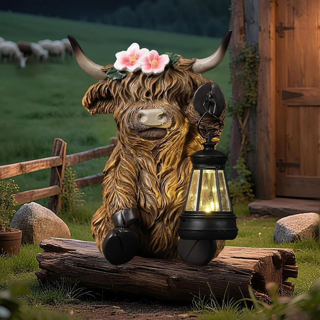 Highland Cow Kuh Figuren mit Blumen Solar Deko für Gartendeko &amp; Wohnzimmer - Solar-Laterne, Bernstei
