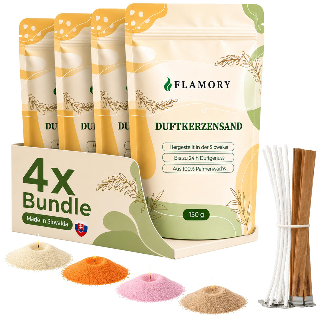 Kerzensand mit Duft Elegance Set 4x150g – [Vanille/Orange/Sandelholz/Rose] – 12 Dochte inklusive – 1